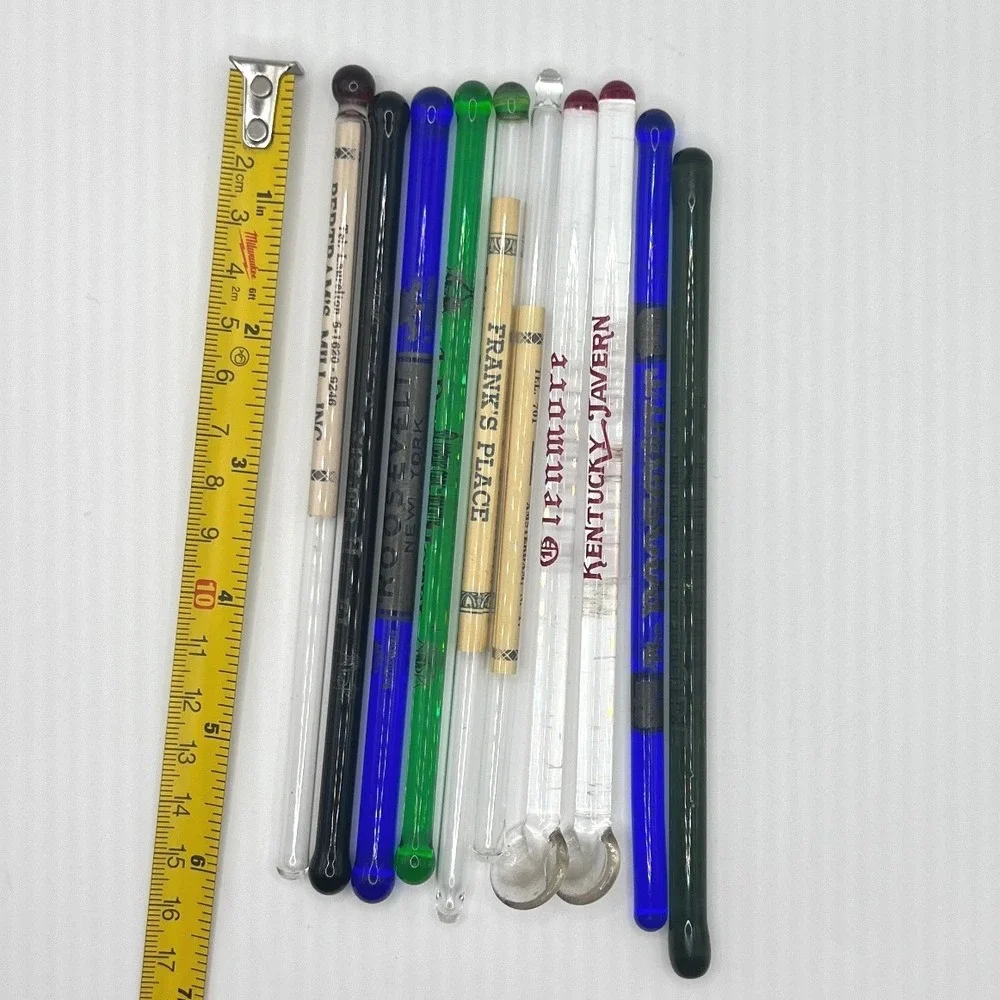 Vintage Advertising Glass Swizzle Sticks 10pc Multi Excellent Barware Set